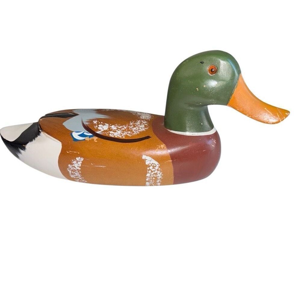 Vintage Late 1950s Wood Hand Carved and Painted Glass Eye Duck Decoy 13”